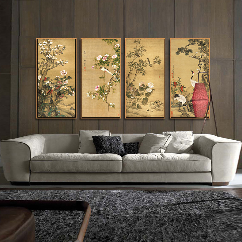 Quadruple Flower And Bird Chinese Painting Entrance Vertical Plate Painting - Image 9