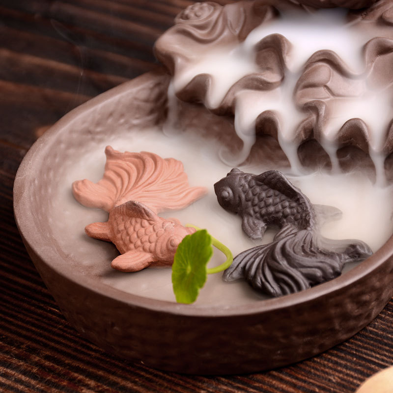 Red fish incense lotus Buddhist incense burner - Image 3