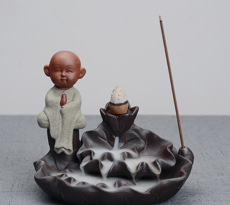 Purple Clay Backflow Incense Burner Ceramic Little Monk Little Novice Maitreya Lotus Lotus Backflow Smoke Incense Burner - Image 5