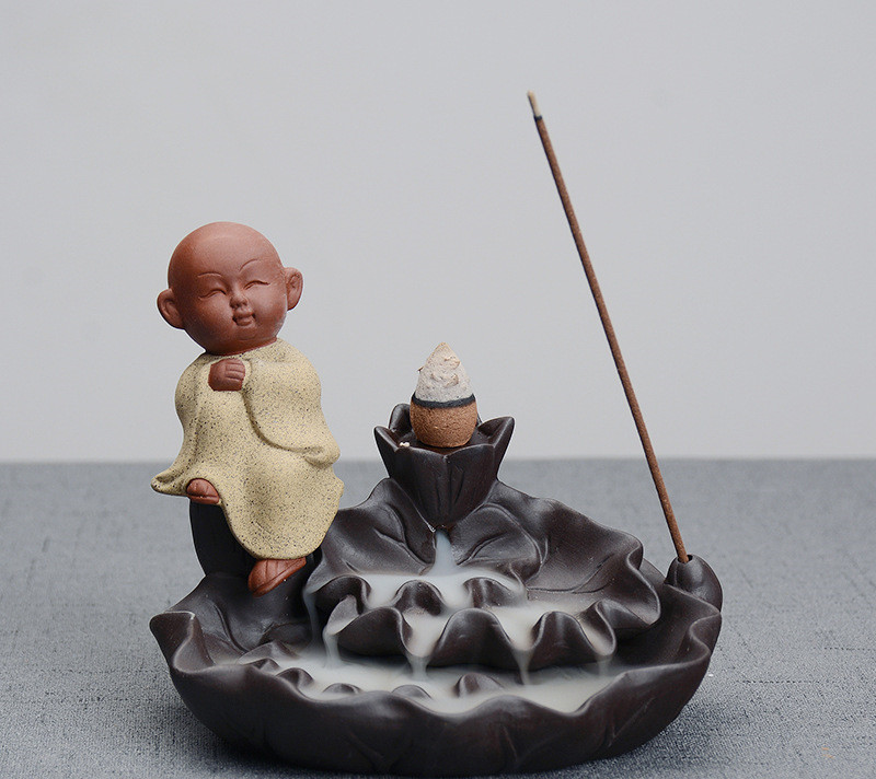 Purple Clay Backflow Incense Burner Ceramic Little Monk Little Novice Maitreya Lotus Lotus Backflow Smoke Incense Burner - Image 4