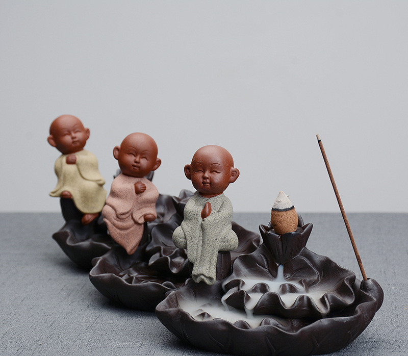 Purple Clay Backflow Incense Burner Ceramic Little Monk Little Novice Maitreya Lotus Lotus Backflow Smoke Incense Burner - Image 3