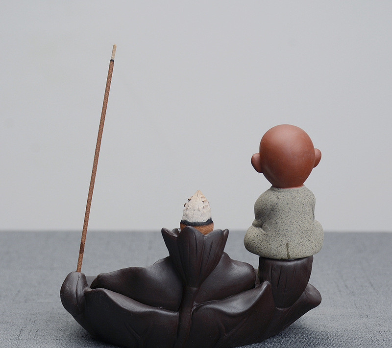 Purple Clay Backflow Incense Burner Ceramic Little Monk Little Novice Maitreya Lotus Lotus Backflow Smoke Incense Burner - Image 2