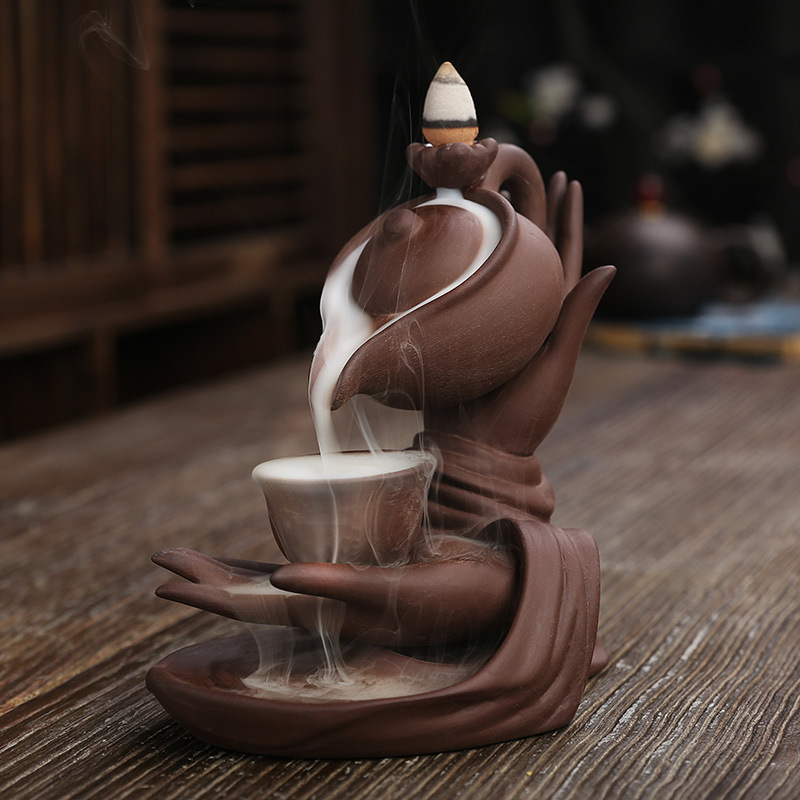 F Ceramic Waterfall Incense Burner Buddha Hand Censer Holder Indoor Smoke Backflow Incense Fountain Buddhist Altar Table Decor - Image 3
