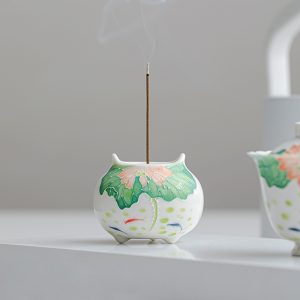 Hand Painted Koi Lotus Incense Burner Ceramic