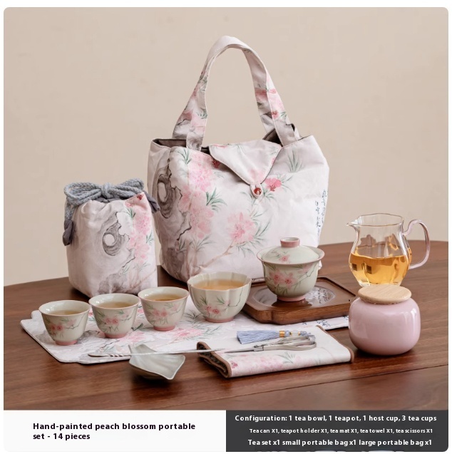 Hand Painted Peach Blossom Tureen Ceramic Portable Suit - Image 3