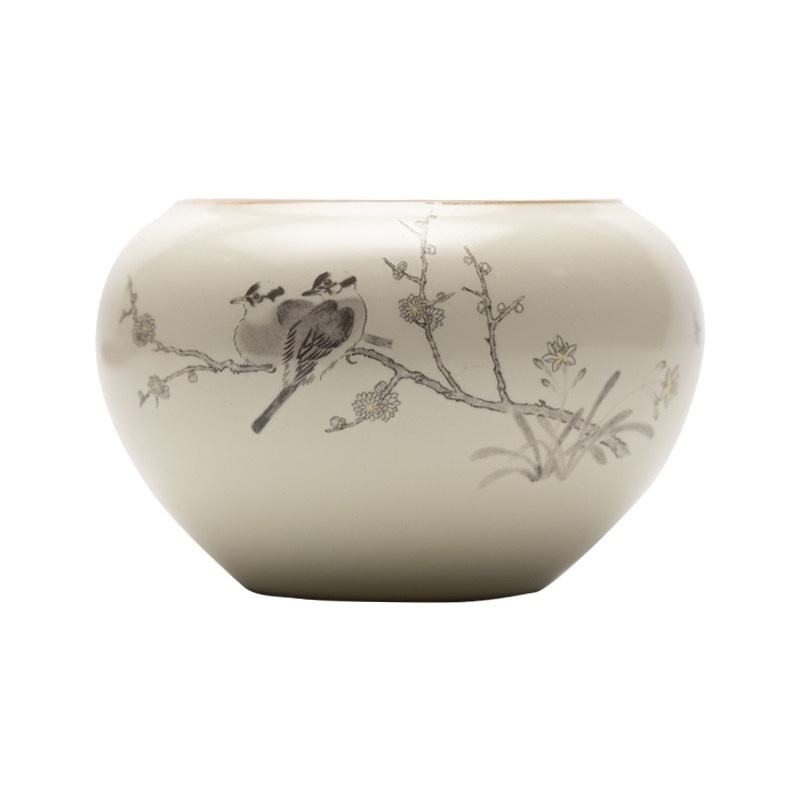 Wax Plum, Birds, And Sparrows Ceramic Water Basin Brush Washer - Image 5