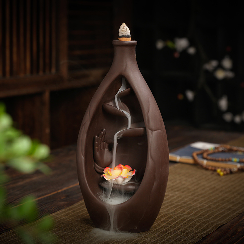 F Ceramic Waterfall Incense Burner Buddha Hand Censer Holder Indoor Smoke Backflow Incense Fountain Buddhist Altar Table Decor - Image 2