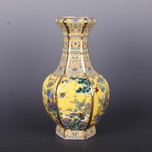 Hexagonal Antique Porcelain With Gold And Enamel Colored Flowers And Birds