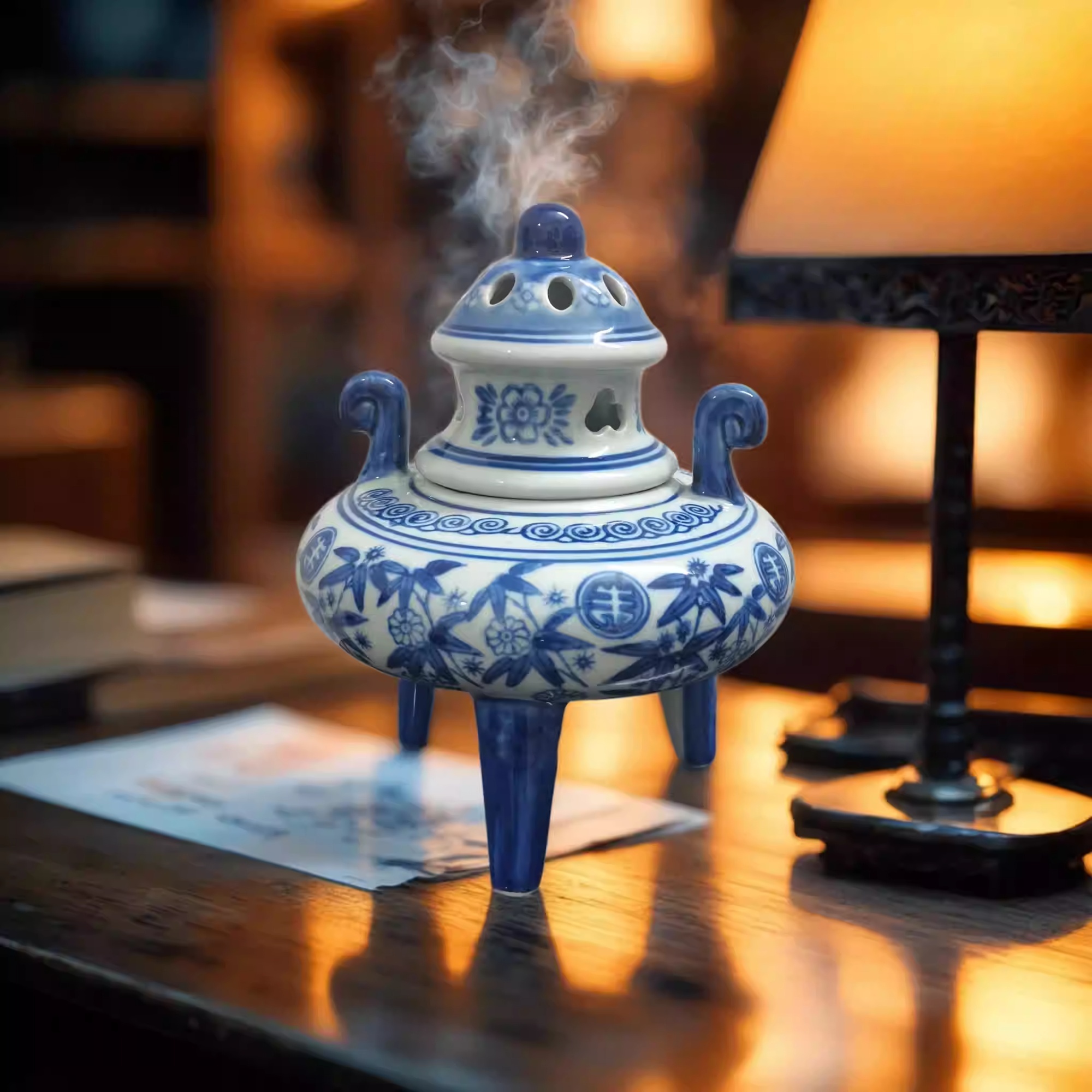 Blue-and-white Chinese-style High-footed Ceramic Incense Burner