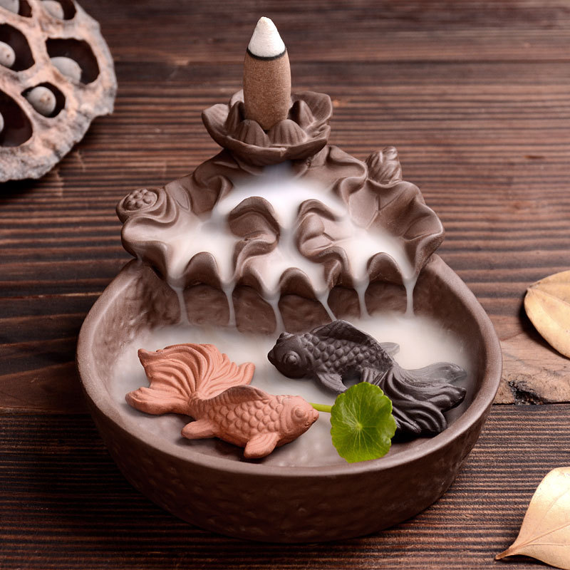 Red fish incense lotus Buddhist incense burner - Image 2