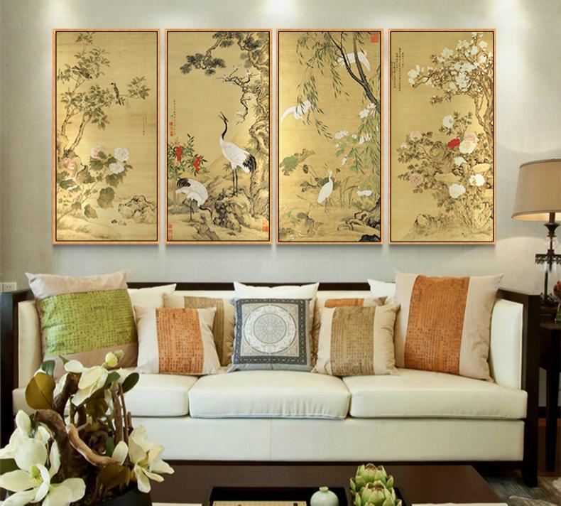Quadruple Flower And Bird Chinese Painting Entrance Vertical Plate Painting