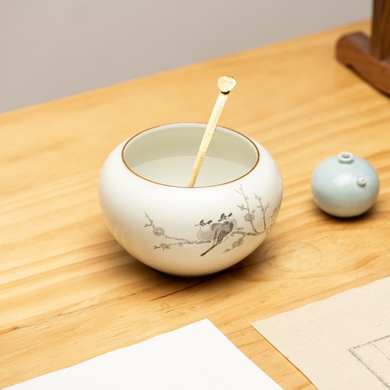 Wax Plum, Birds, And Sparrows Ceramic Water Basin Brush Washer - Image 3